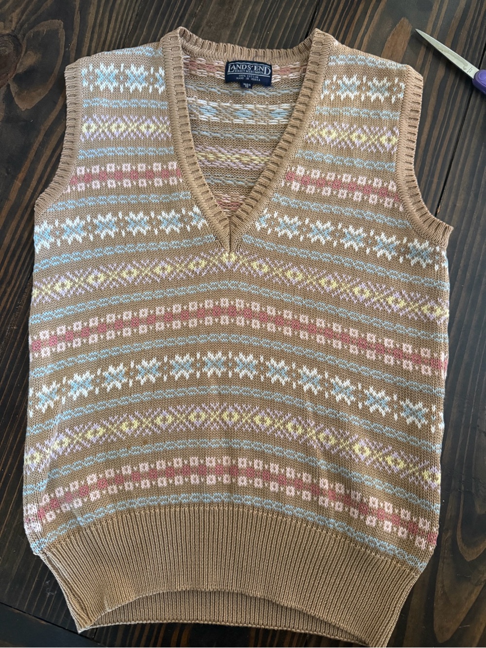 Lands' End Camel Tan Fair Isle V-Neck Sweater Vest